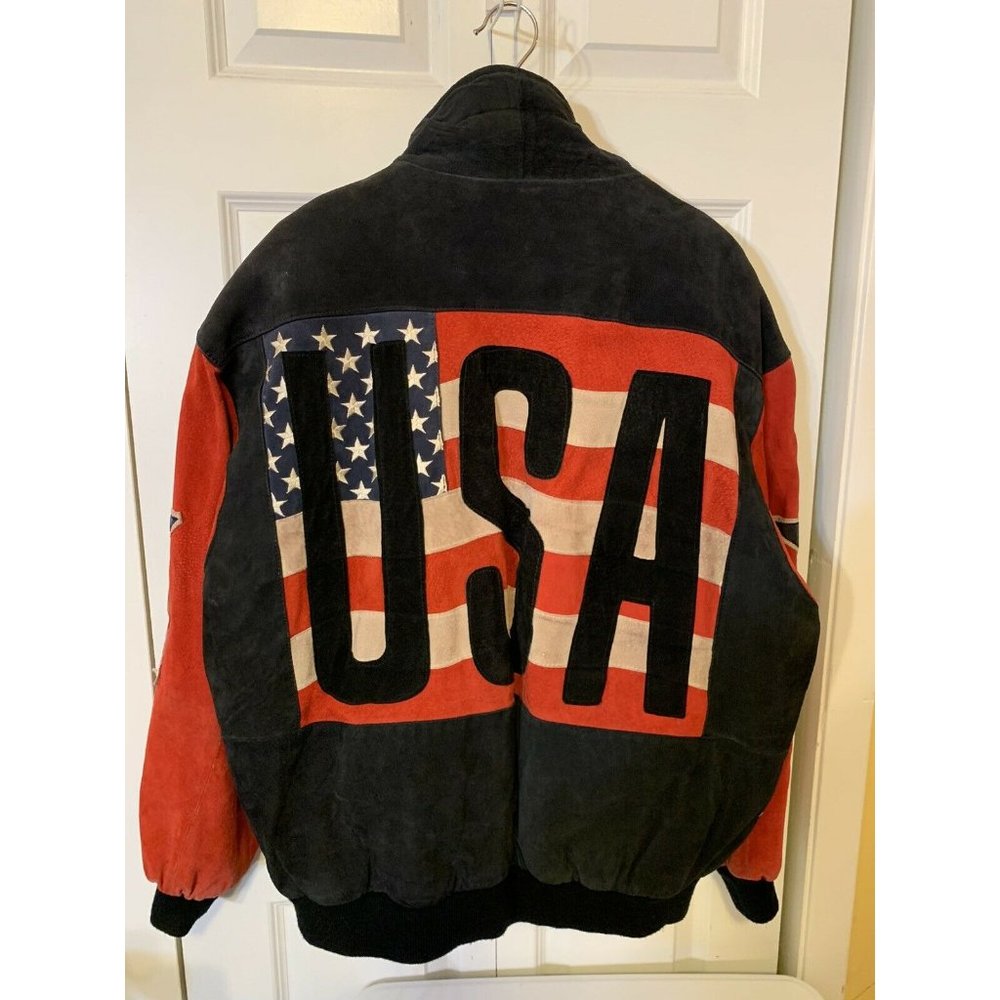 Vtg‎ Michael Hoban WhereMI USA Big Stars Stripes Bomber Jacket Sz XL Soft